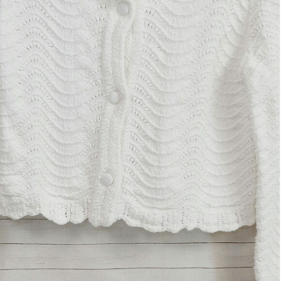 HOUSE OF HARLOW 1960 CROCHET CROPPED BUTTON UP CARDIGAN, SZ SMALL - Picture 7 of 13